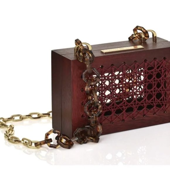 BN Michelle Daccarett Unique Oak Wood Purse Handmade in Colombia ROSE PRISM WINE - Picture 3 of 7